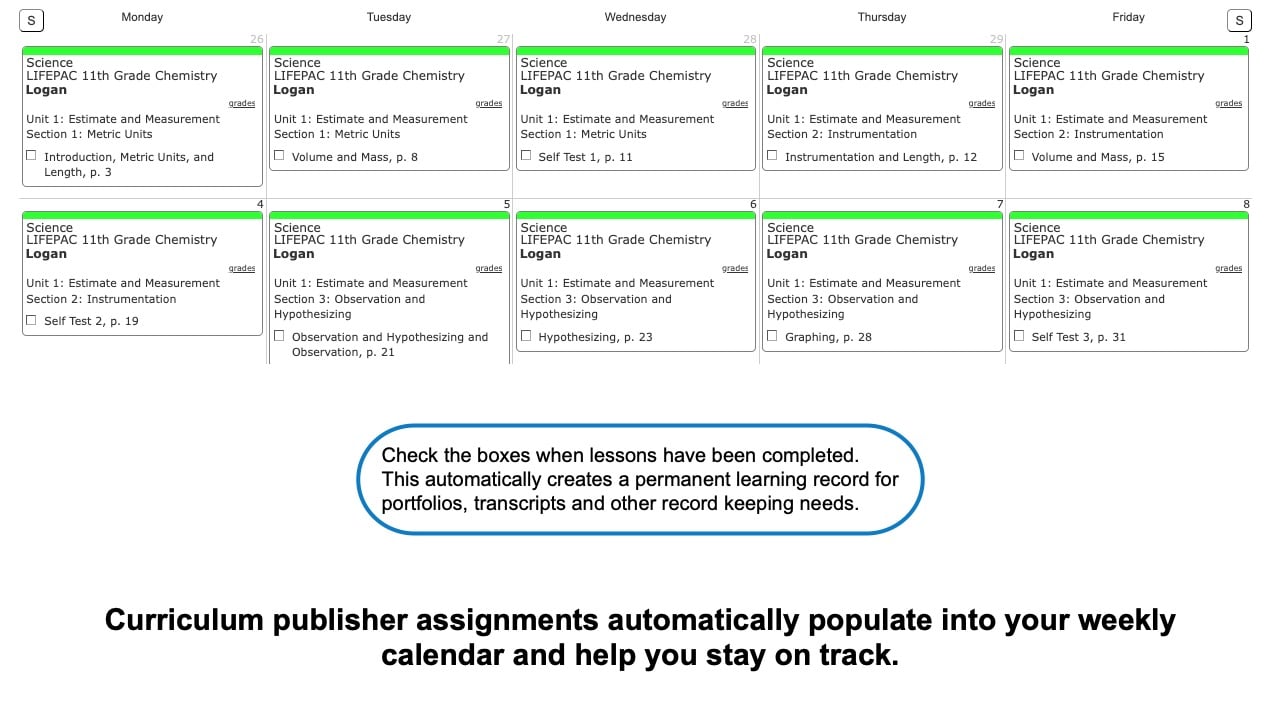 LIFEPAC Chemistry Weekly View