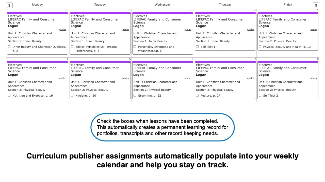 LIFEPAC Electives Weekly View