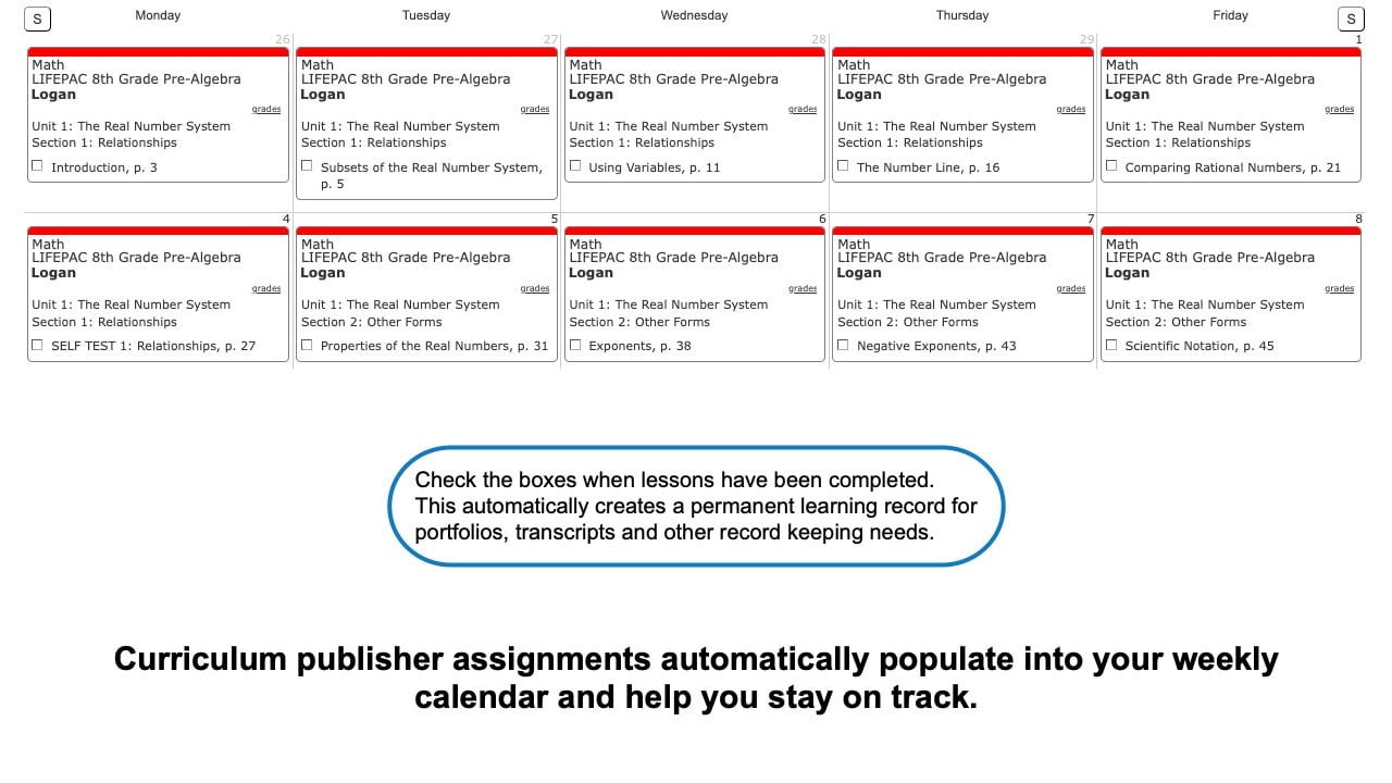 LIFEPAC Pre Algebra Weekly View