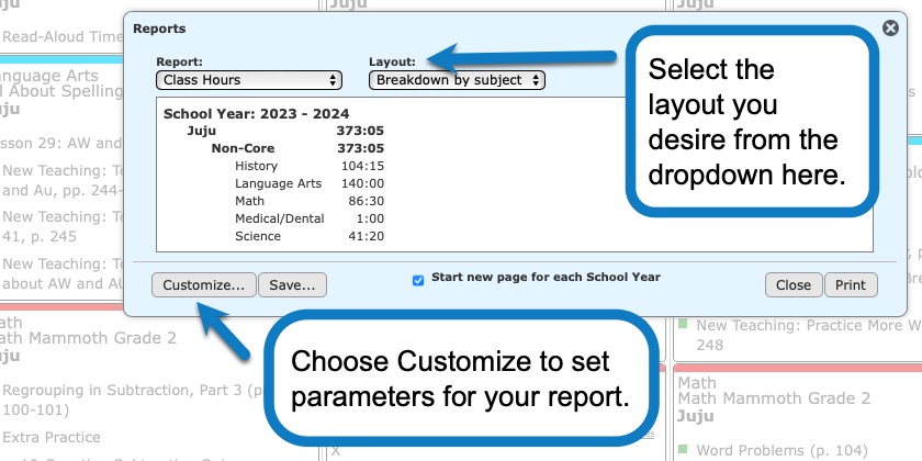 Generating a Class Hours Report in Homeschool Planet 2 screenshot