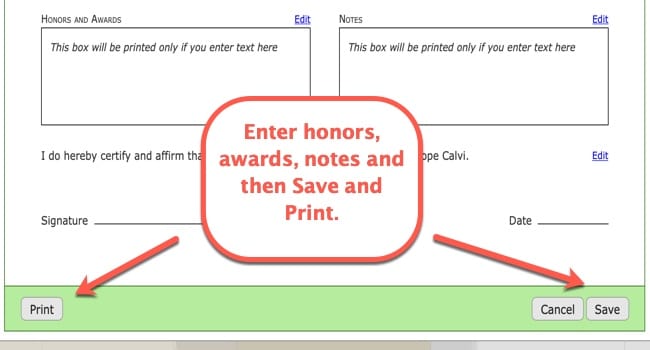 Creating Transcripts in your homeschool planner step 6