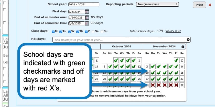 Changing the School Calendar in your homeschool planner screenshot 2