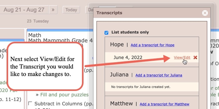 Editing Transcripts step 2 in your homeschool planner image