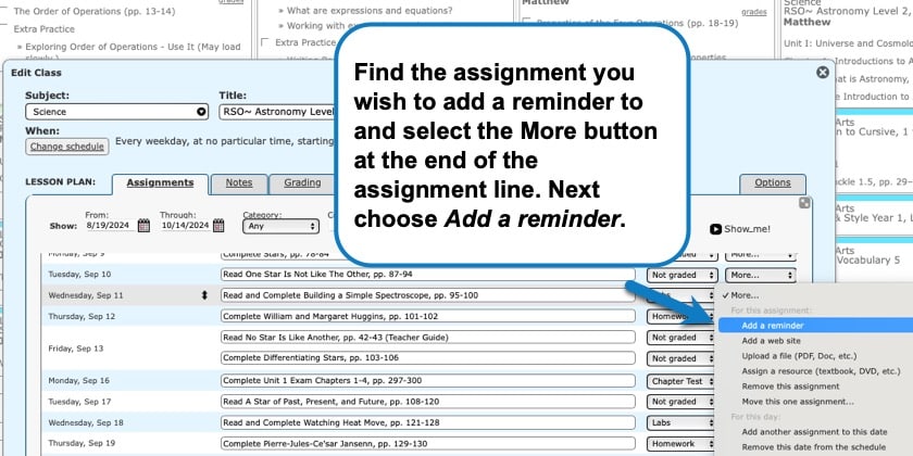 add a class reminder in homeschool planet step 2 find the assignment you wish to add a reminder to