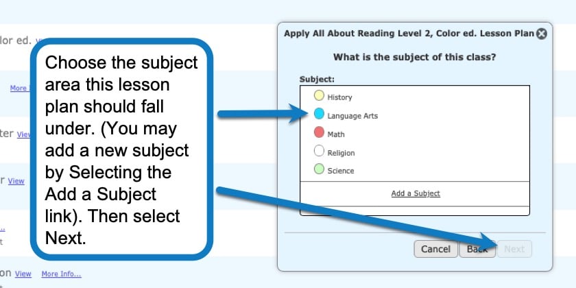 Selecting the subject of the lesson plan you’re applying