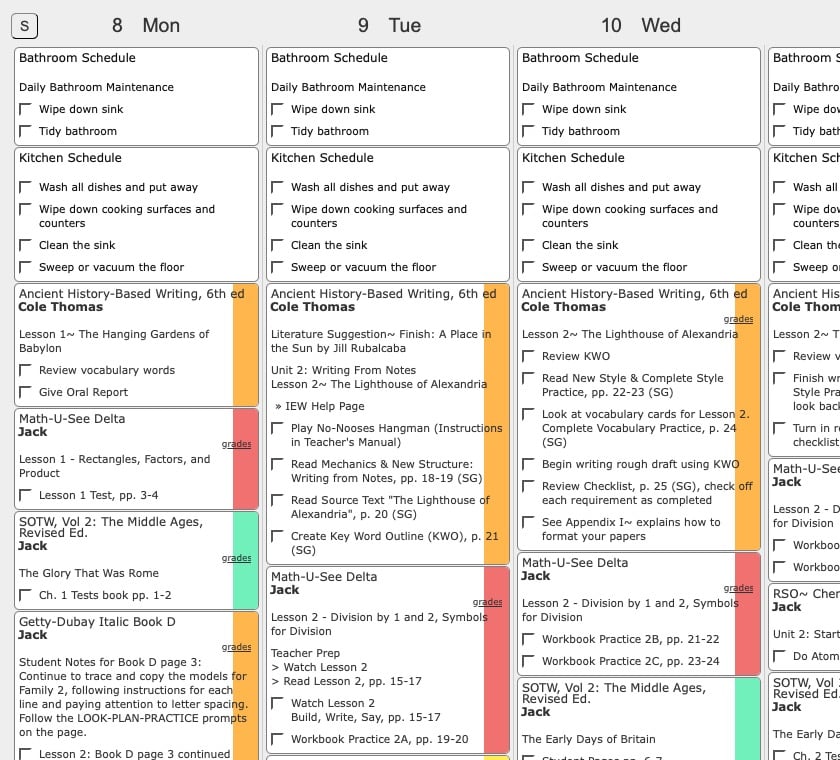 Weekly lesson plan overview online in Homeschool Planet