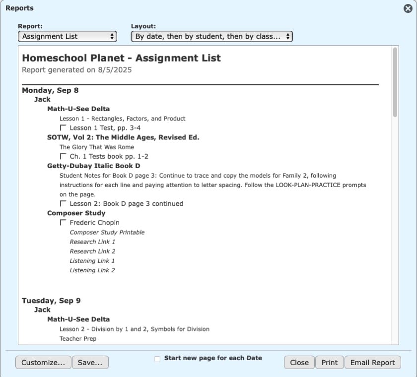 Assignment printout option in Homeschool Planet