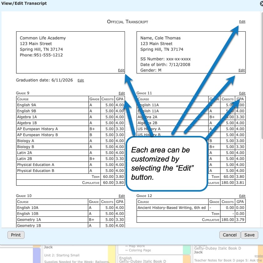 Creating Transcripts in your homeschool planner step 4