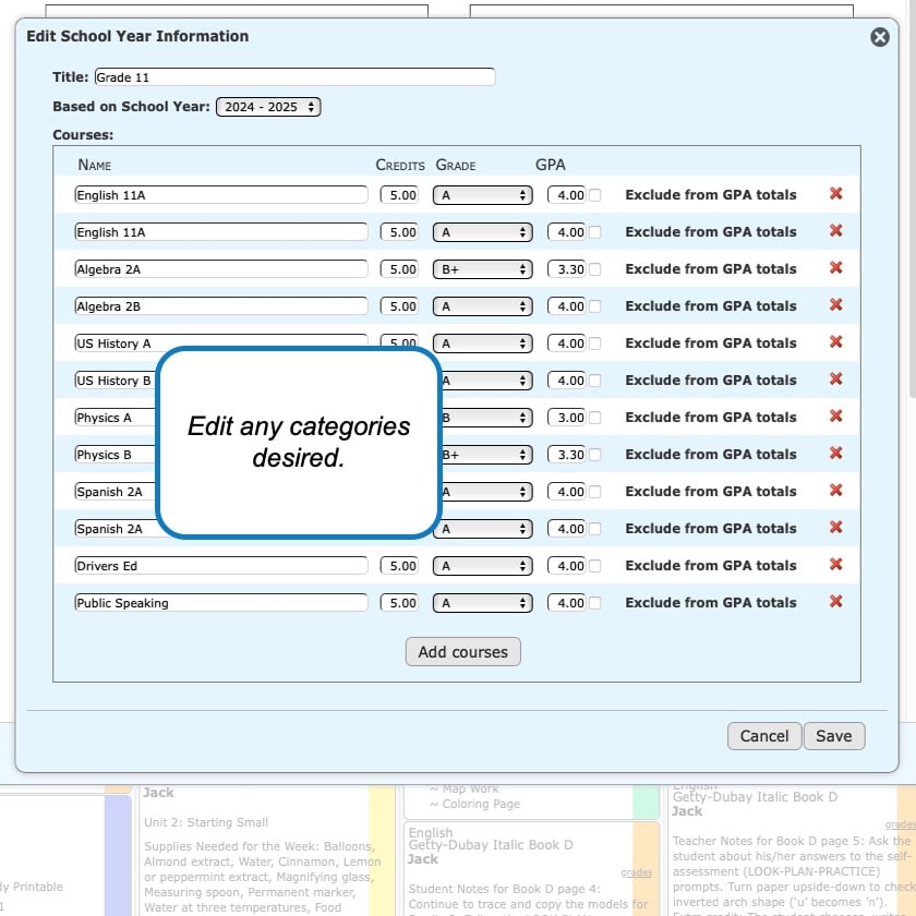 Creating Transcripts in your homeschool planner step 5