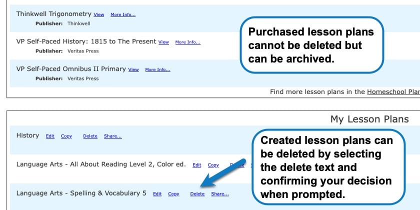 Deleting a lesson plan button in Homeschool Planet