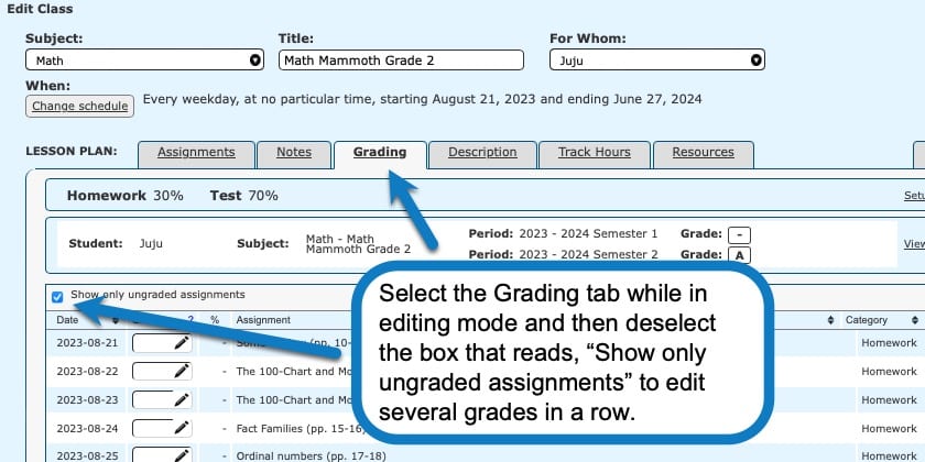 Instructions for editing a grade in Homeschool Planet 3