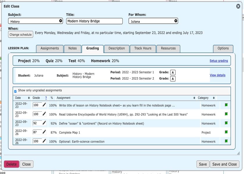 Homeschool Planet Grading Entry screenshot button