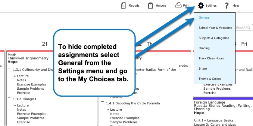 hiding completed assignments in your homeschool planner step 1