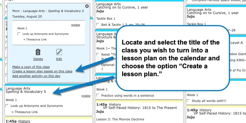 Locate and select the title of the class you wish to turn into a lesson plan in Homeschool Planet