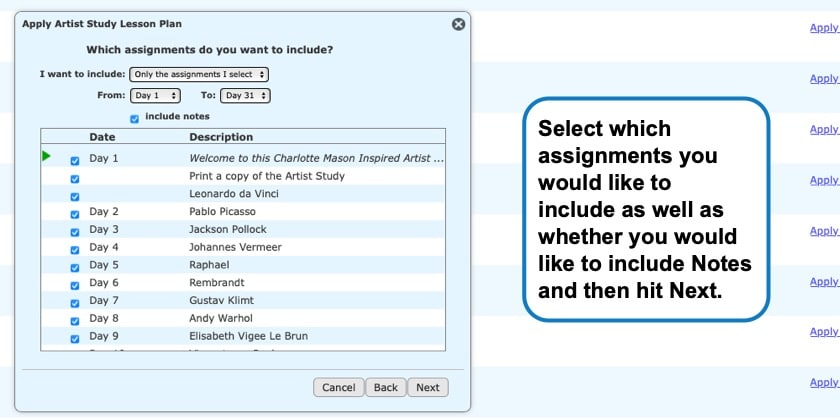 Tab for selecting which assignments you'd like to include Homeschool Planet