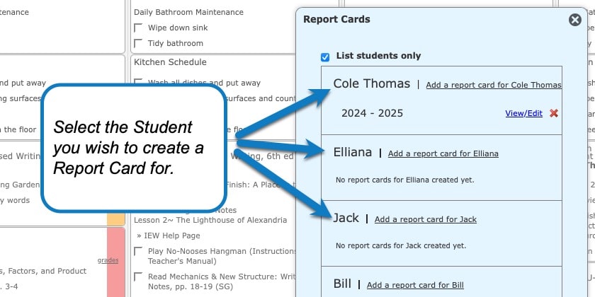 Creating Report Cards in Homeschool Planet step 2