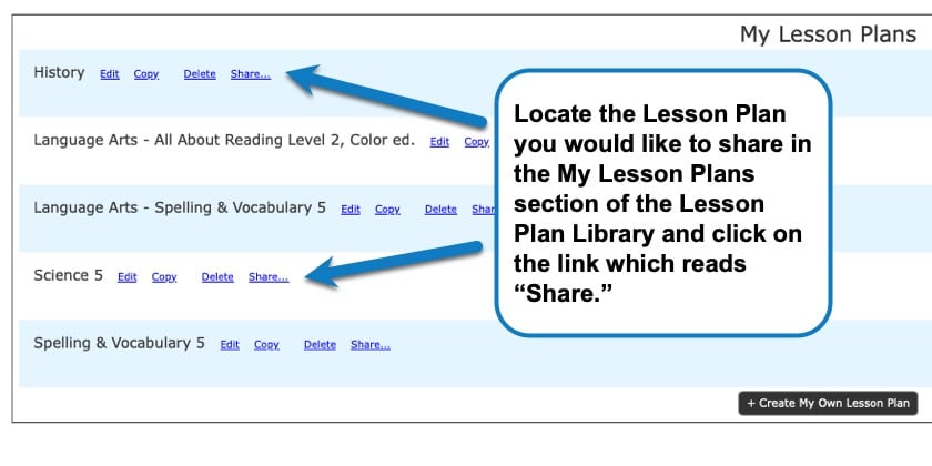 Locate the Lesson Plan you would like to share in the My Lesson Plans section and click the "share" link in Homeschool Planet