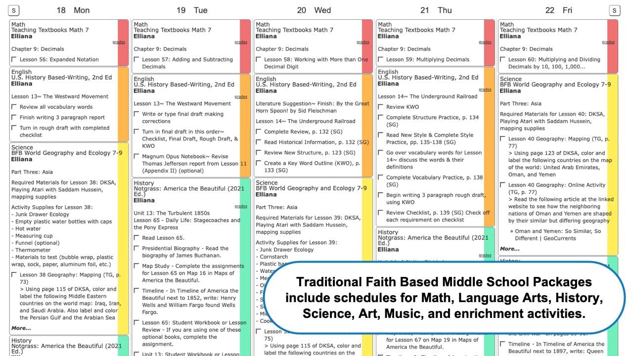 Traditional Faith Based Middle School Packages