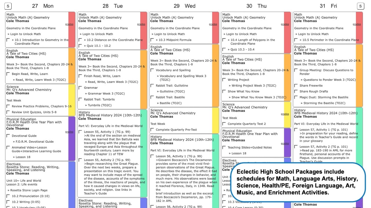 Eclectic High School Weekly View