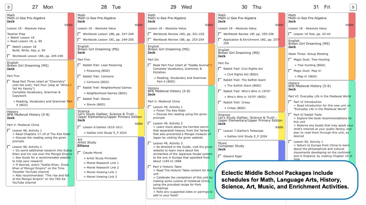 Eclectic Middle School Packages Weekly View