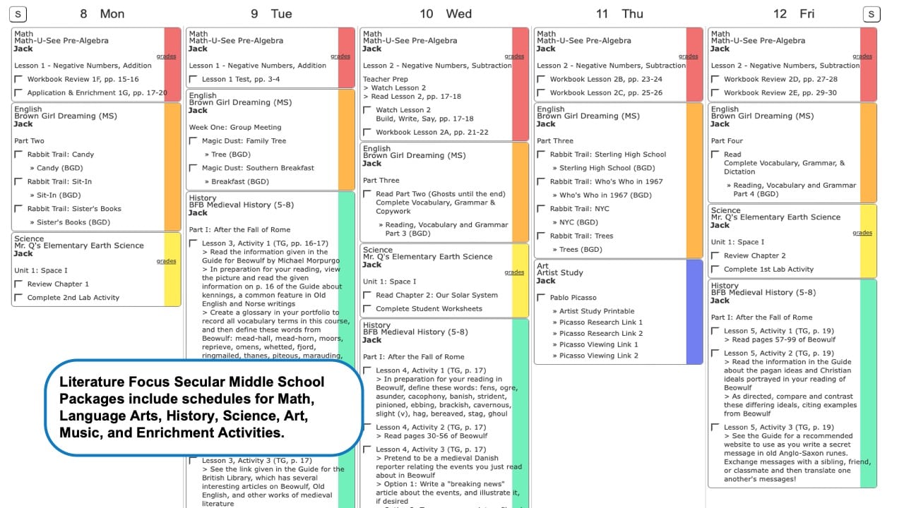 Literate Focus Secular Weekly View