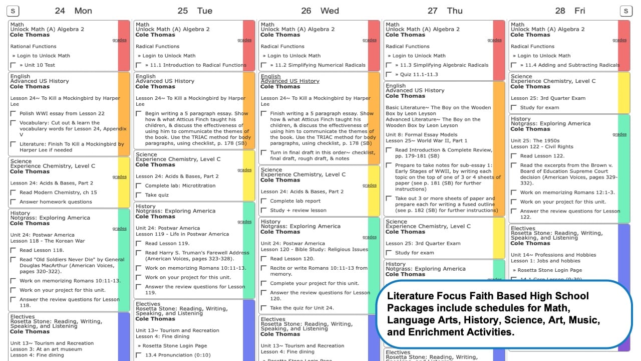 Literature Faith Based High School Weekly Schedule