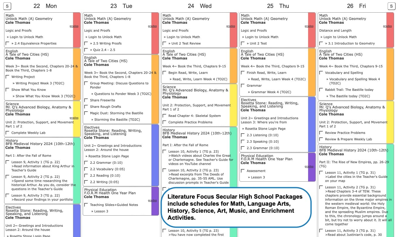 Literature Focus Secular High School Weekly View